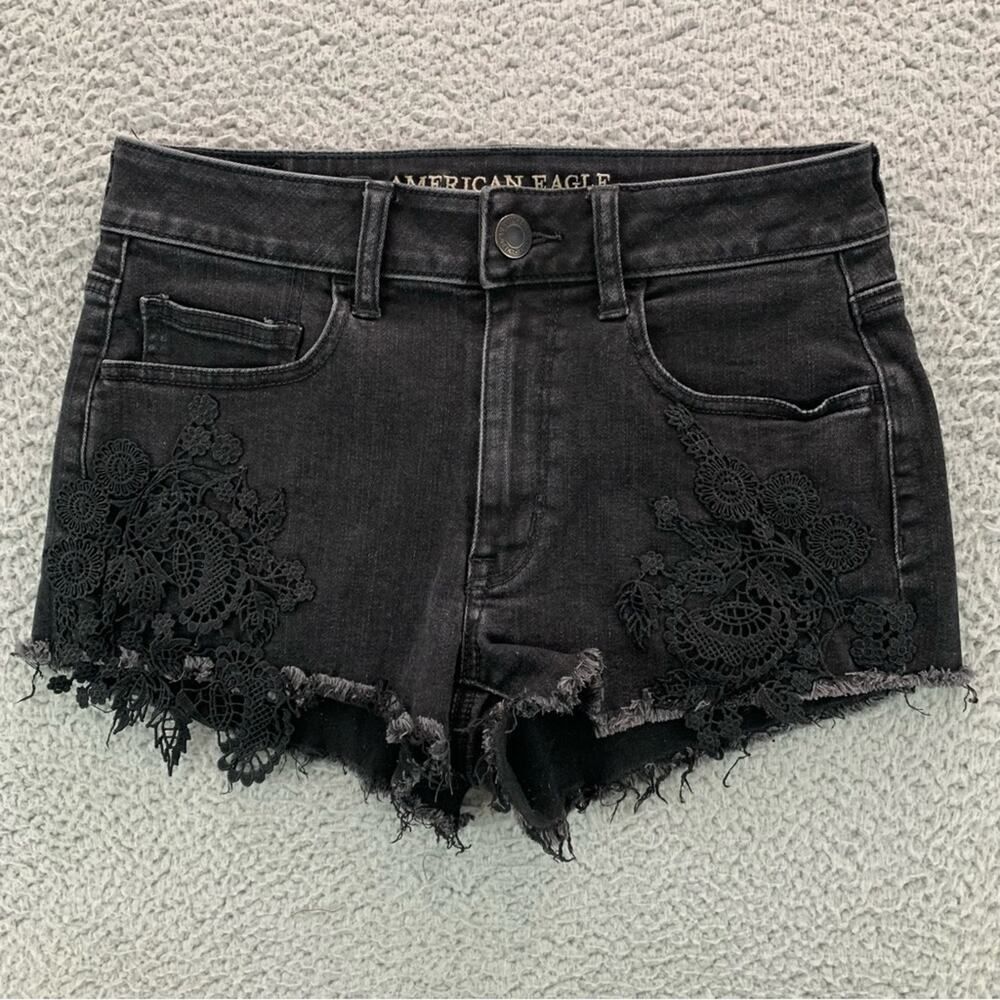 American Eagle Women's Hi-Rise Shortie Black Lace Embroidery Shorts -  Size: 6